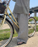 [BAONHAUS] Revish Summer Seersucker Check Banding Wide Pants