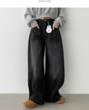 Washing Banding Heated Fabric Brushed Hem Snap Wide Fit Denim Pants XL~
