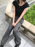 Lafec Stripe Color Matching String Long Wide Pants