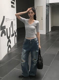 Redo Damage Washing Wide Denim Pants