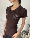 Hamyu Eyelet Rivet Printed Collar Short Sleeve T-Shirt