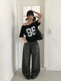 Ops Stripe Washing Denim Wide Pants
