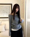 Royu Unbalanced Color Matching Shirring One-Off Shoulder Long Sleeve T-Shirt