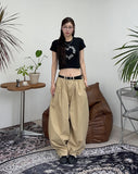 Tie pin tuck cotton balloon pants