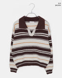 Nobin Stripe Color Matching Collar Long Sleeve Knit