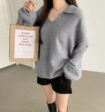 Open Collar Loose Fit Thick Long Sleeve Knit