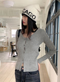 Toss Ribbed Color Matching Round Crop Long Sleeve Cardigan