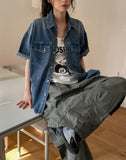 Ruff unbalanced pocket denim short sleeve shirt