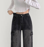 Cargo Pocket Washing Cut Line Wide Fit Denim Pants
