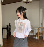 Tilla Linen See-through Color Matching Slim Long Sleeve Hood T-shirt
