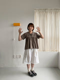 Geljik Check Frill Round Short Sleeve Blouse