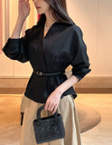 Doberin Open Collar Pintuck Blouse (Belt Set)