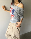 Det Vintage American Flag Printing One-Off-Shoulder Short Sleeve T-Shirt