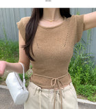 Punching Strap Ribbon Point Crop Short Sleeve Knit