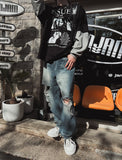 Depot damage embossed wide denim
