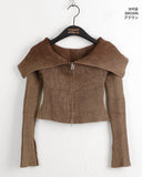 Elfu Gradient Two-Tone Off-Shoulder Ribbed Two-Way Long Sleeve Knitwear Zip-Up
