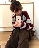 [Muffler SET] Phu Stripe Color Matching V-Neck Loose Fit Long Sleeve Long Knit