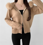 Two-Way Fur Hood Slim Fit Knit Zip-Up