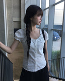 Ward Cotton Lace Puff Short Sleeve Blouse
