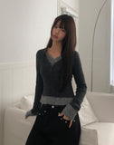Lipin Color Matching V-Neck Slim Boucle Long Sleeve Knit
