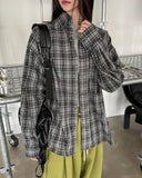 Pocky Button Neck Collar Check Shirt