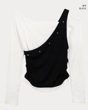 [Fake Layered] Linshu Studded Color Matching Brushed Long-Sleeve T-Shirt