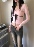 Luer Balletcore Ribbon Color Matching Heart Neck Long Sleeved T-Shirt