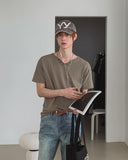 Veil Button V-neck Short Sleeve T-shirt