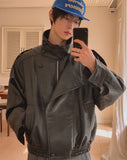 Saint High-Neck Unbalance Leather Jacket