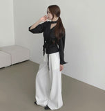 Waist Strap Neck Tie Balloon Puff Blouse