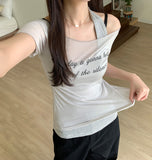 Layered Lettering See-through Short Sleeve T-shirt