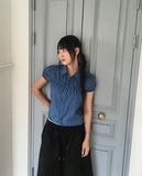 Rehue Check Shirring Banding Puff Short Sleeve Blouse