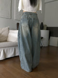 Kibe Side Pintuck Balloon Fit Vintage Washing Long Wide Denim Pants