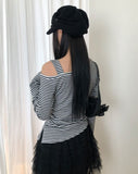 Wondeun Stripe One-Shoulder T-Shirt