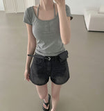 Summer Long Leg Fit A-Line Banding Denim Shorts