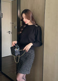 Blinged Lip Neck Button Pearl Knit
