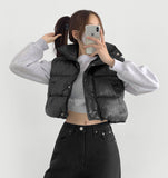 Glossy High Neck Trendy Pom Pom Crop Vest Padding