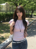 [MADE/more BASIC/Tumble Washing] Robe Semi-Crop Round Plain Short Sleeve T-shirt