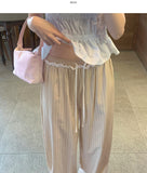 Frill Stripe Vacation Look Summer Wide Banding Pants