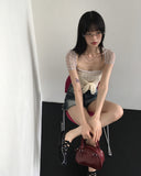 Botte Lace Ribbon Back Slit Checkered Mesh Short Sleeve T-shirt