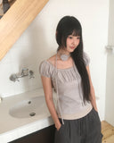 [Tie set] Hadel Corsage Layered Rib Shirring Puff T-shirt