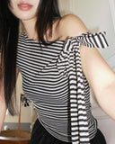 [Strap SET] Kinble Slim Fit Striped Cap Sleeve Off-Shoulder T-Shirt
