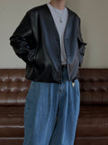 Collarless Crop Leather Jacket