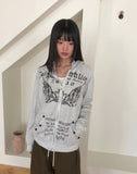 Hummus Lettering Print Stripe Color Matching Snap Button Long Sleeve Hood Zip-Up