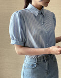 Two Pin Stripe Puff Short Sleeve Shirt Blouse