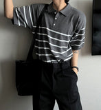 V-in stripe button collar short sleeve knit