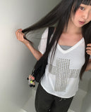 Chuking Cross Stud See-Through V-Neck Short Sleeve T-Shirt