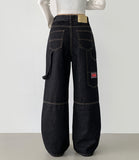 Carpenter Raw Union Jack Patch Stitch Long Wide Denim Pants