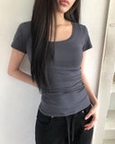 NER Deep U-Neck Round Side Shirred Short Sleeve T-Shirt