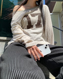 Elune Number Printed One-Off-Shoulder See-Through Long-Sleeve Knit